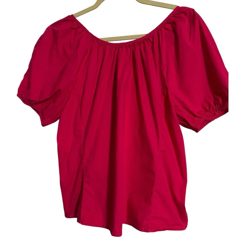 J Crew Magenta Rose V-back Zip Puff Sleeve Stretch Cotton Blend Poplin Blouse